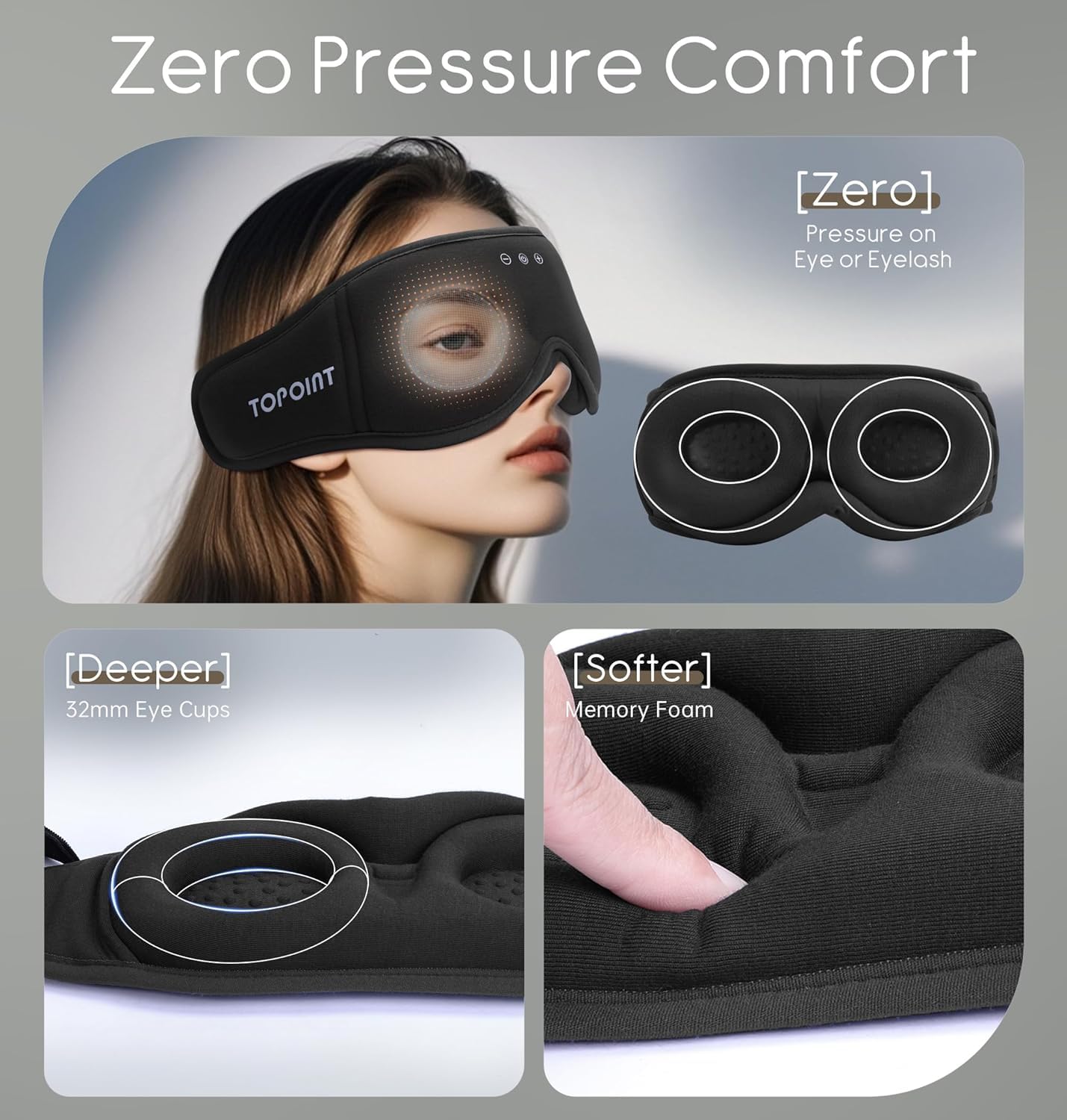 TOPOINT Bamboo Cotton Bluetooth Sleep Mask with Headphones - 100% Light-Blocking 3D Eye Mask for Sleep Travel Side Sleeping - Damaged Box