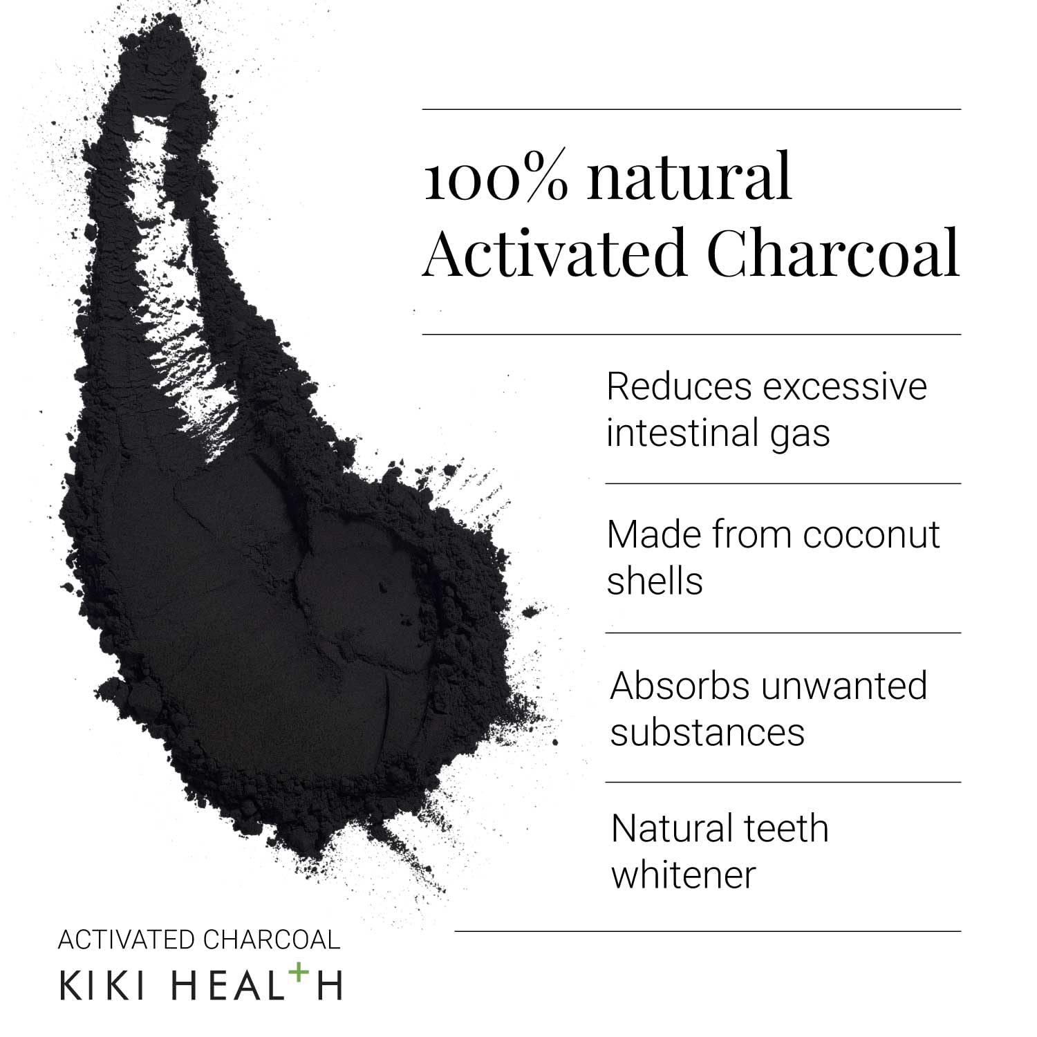KIKI Health Activated Charcoal Powder 70g - Coconut Shell Teeth Whitening Detox Supplement - Food Grade Vegan Gluten Free - Flatulence - New - BBE 07/2027