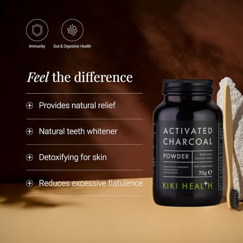 KIKI Health Activated Charcoal Powder 70g - Coconut Shell Teeth Whitening Detox Supplement - Food Grade Vegan Gluten Free - Flatulence - New - BBE 07/2027