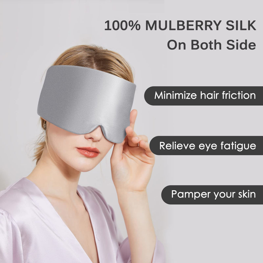 OLESILK Mulberry Silk Sleep Mask - Silver Grey Eye Mask for Men Women - Adjustable Strap Blindfold Large Size - Damaged Box
