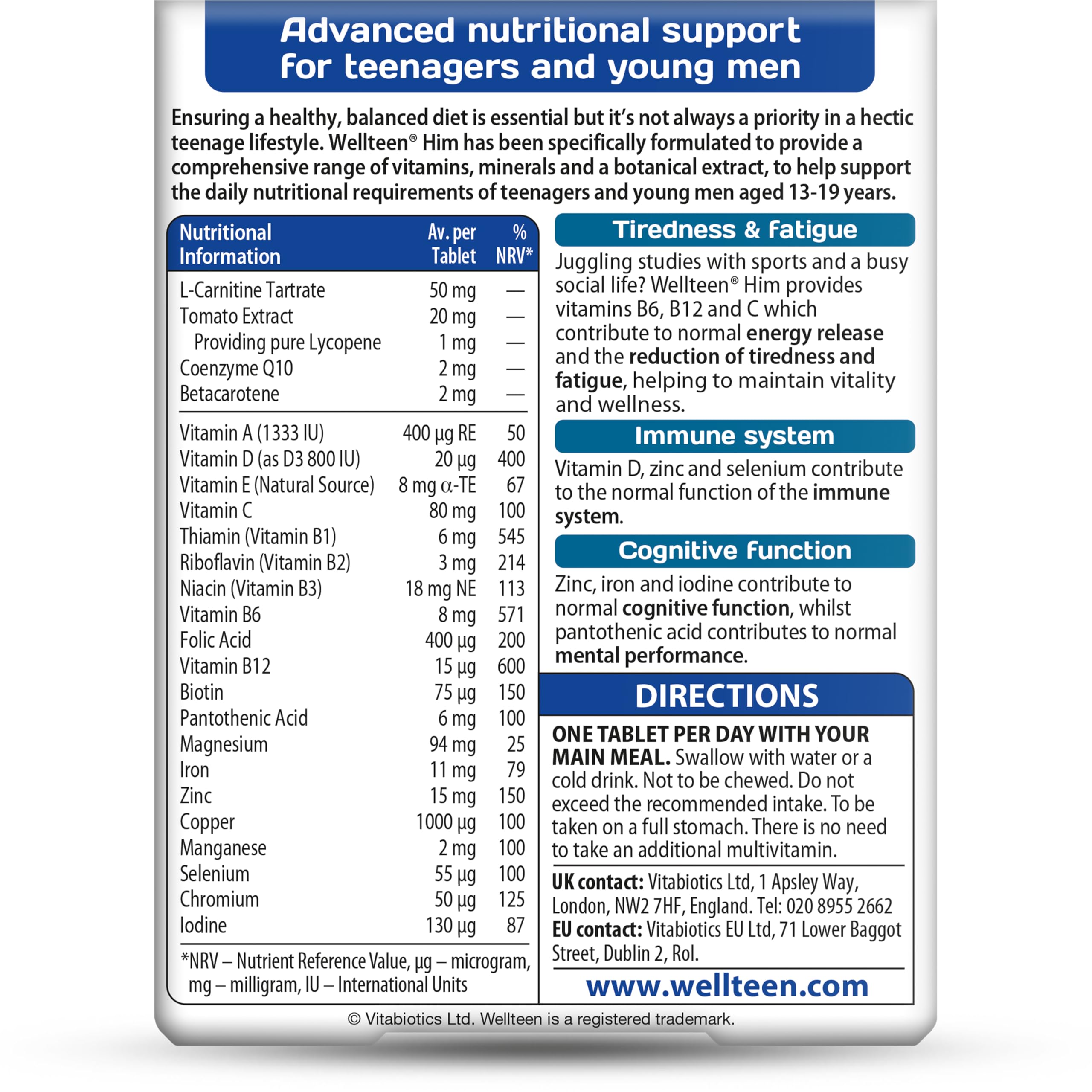 Vitabiotics Wellteen Him Original - 30 Count - Teen Male Multivitamin Supplement - New - BBE 05/2027