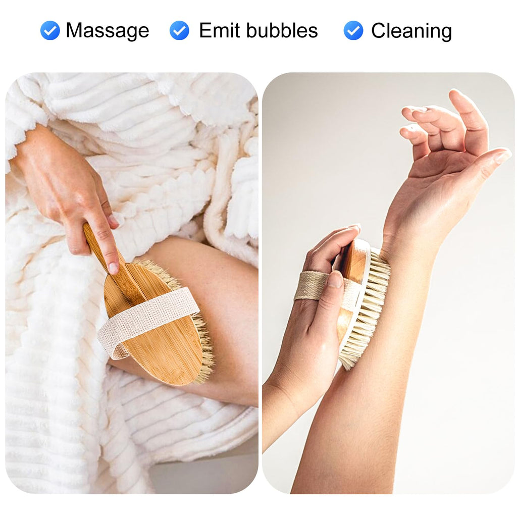 Dry Brushing Body Brush - Long Handle Natural Bristle Exfoliator for Wet Dry Showering, Back Scrubber, Large Dead Skin Remover - Damaged Box