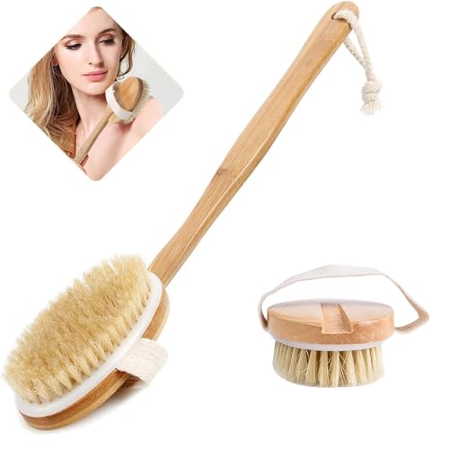 Dry Brushing Body Brush - Long Handle Natural Bristle Exfoliator for Wet Dry Showering, Back Scrubber, Large Dead Skin Remover - Damaged Box