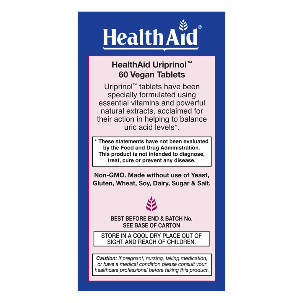 HealthAid Uriprinol Vegan Tablets - 60 Count - Health & Wellbeing Supplement - Damaged Box - BBE 03/2029