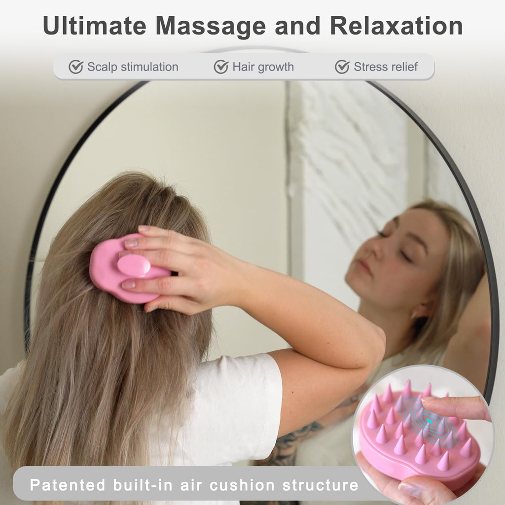 FREATECH Scalp Massager Shampoo Brush - Soft Silicone Bristles, Hair Growth, Dandruff Removal, Wet & Dry Use, Pink - Damaged Box