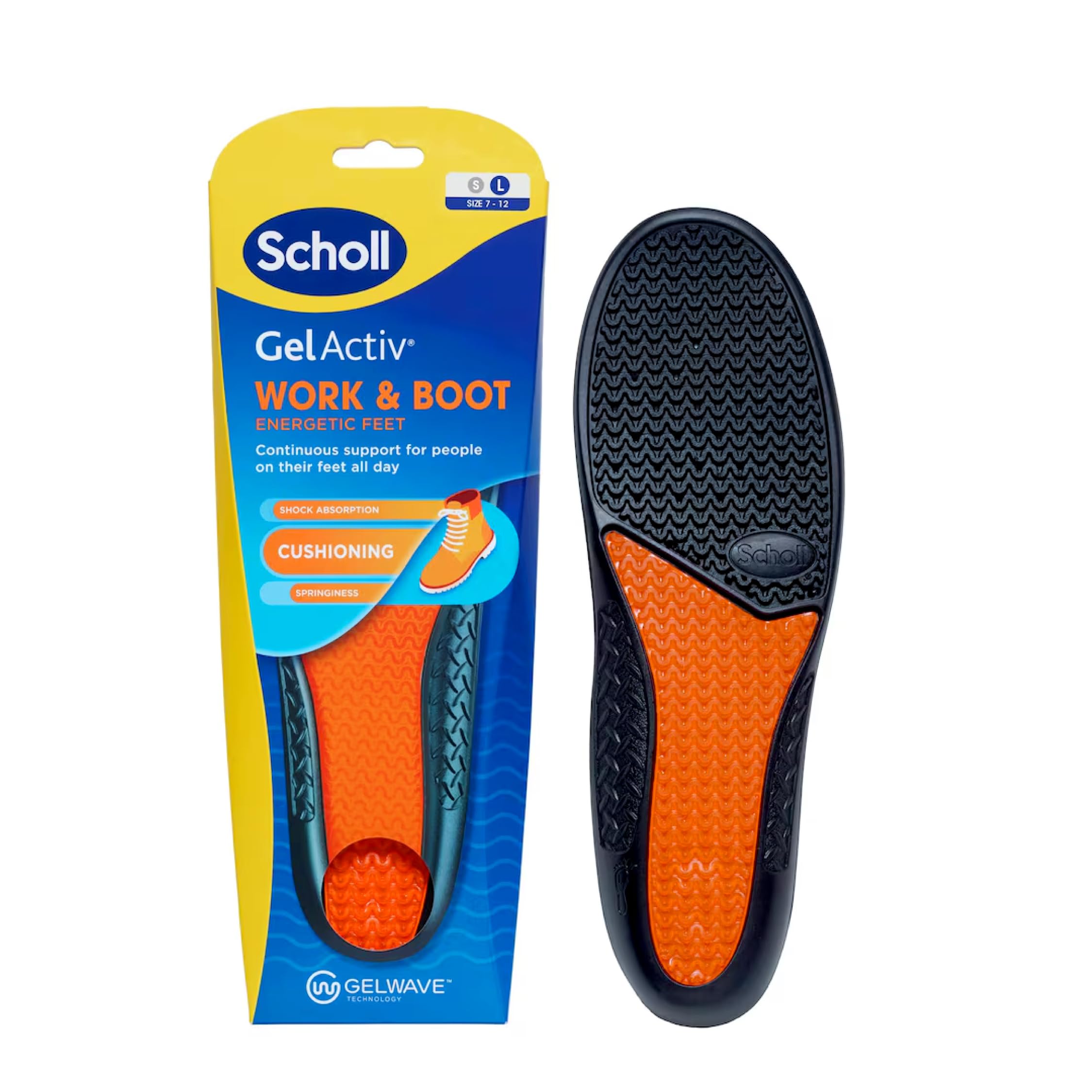 Scholl GelActiv Work Insoles for Men - UK Size 7-12 - All Day Comfort & Shock Absorption with GelWave Technology - Good