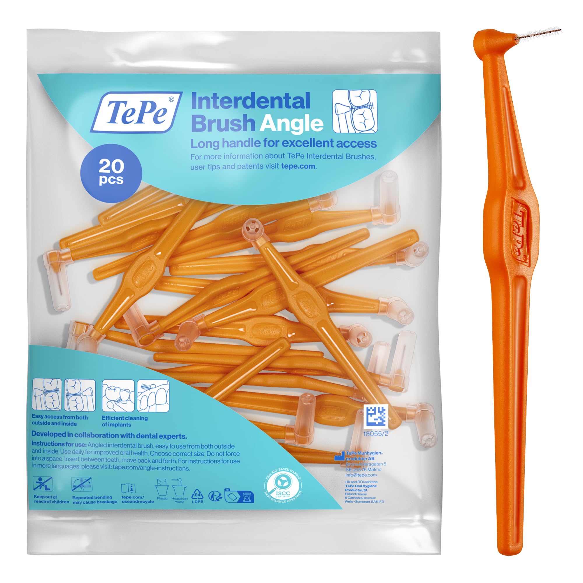 TePe Interdental Brush Angle - Orange 0.45mm ISO 1 - 20 Pack - Narrow Gaps Plaque Remover - Damaged Box