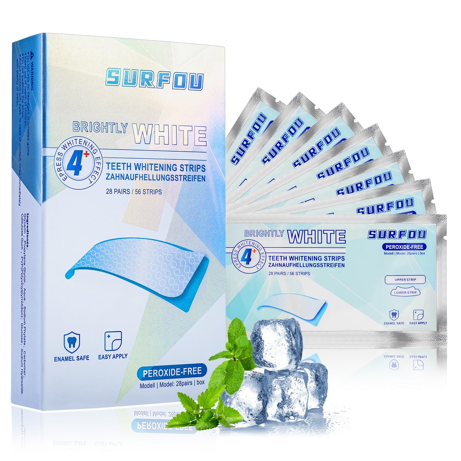 SURFOU Teeth Whitening Strips - 28 Treatments (56 Strips) - Non Peroxide Enamel Safe Kit - Gentle Mint Flavor Formula - Damaged Box - BBE 01/2028