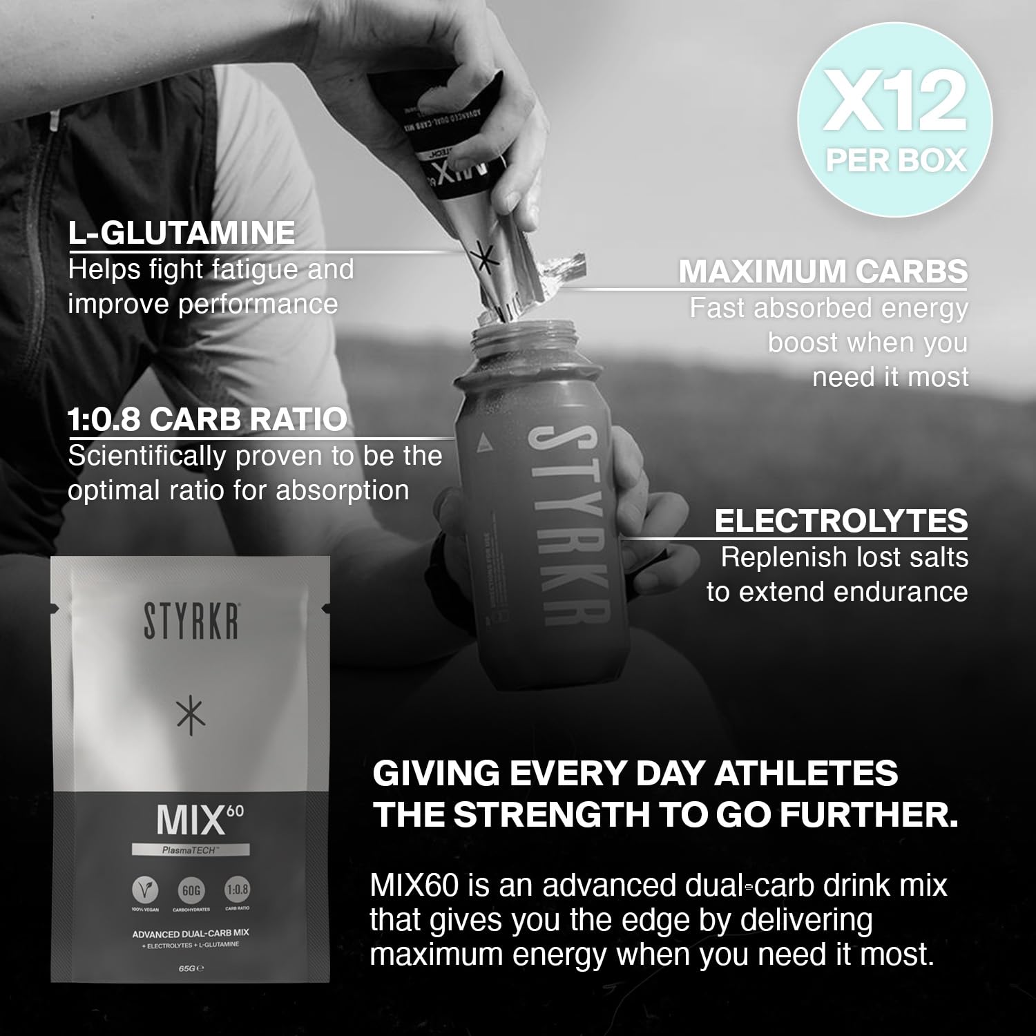 Styrkr MIX60 Energy Powder Sachets - 12x 60g Carb Drink Mix - Cycling Running Endurance Fuel - Damaged Box - BBE 11/2027