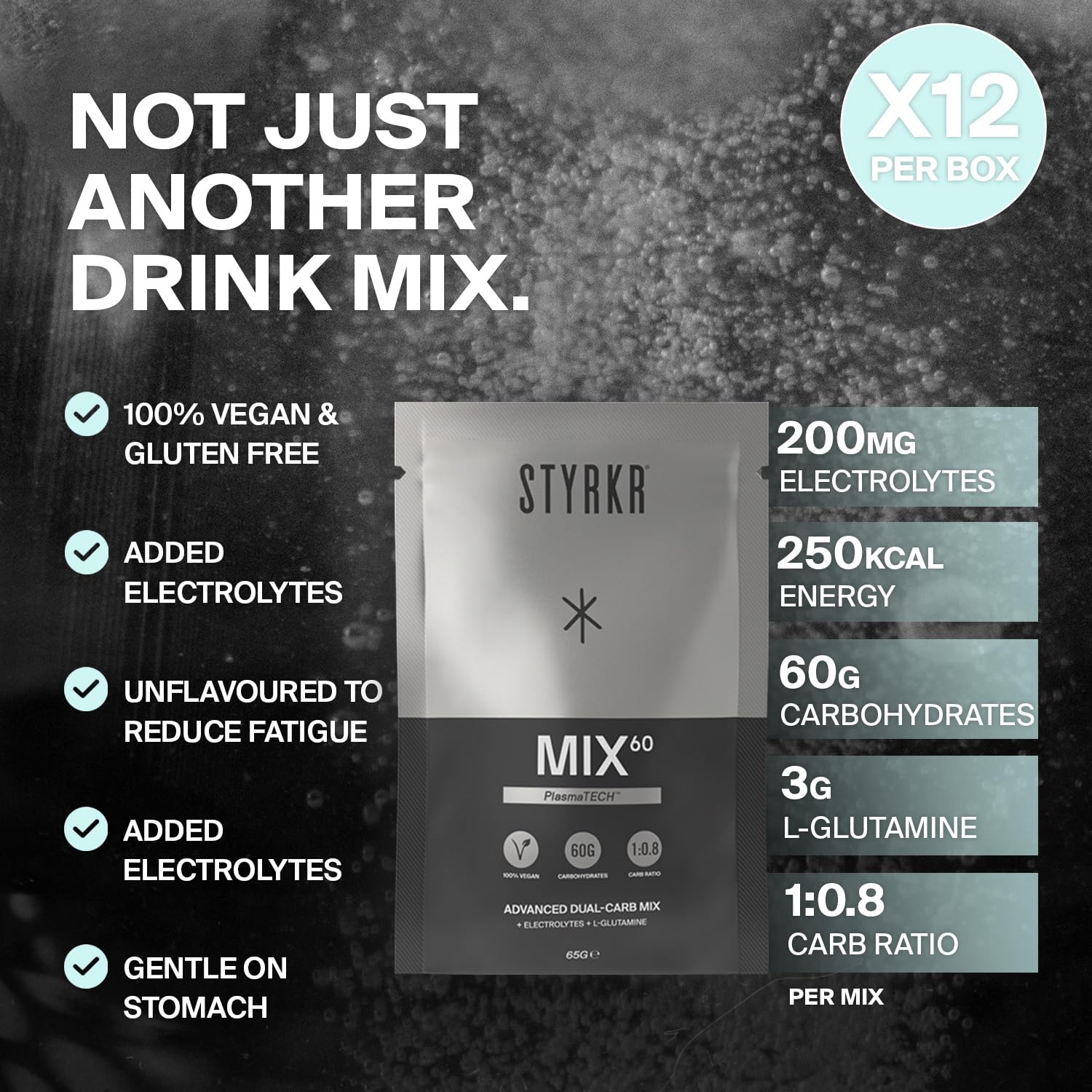 Styrkr MIX60 Energy Powder Sachets - 12x 60g Carb Drink Mix - Cycling Running Endurance Fuel - Damaged Box - BBE 11/2027