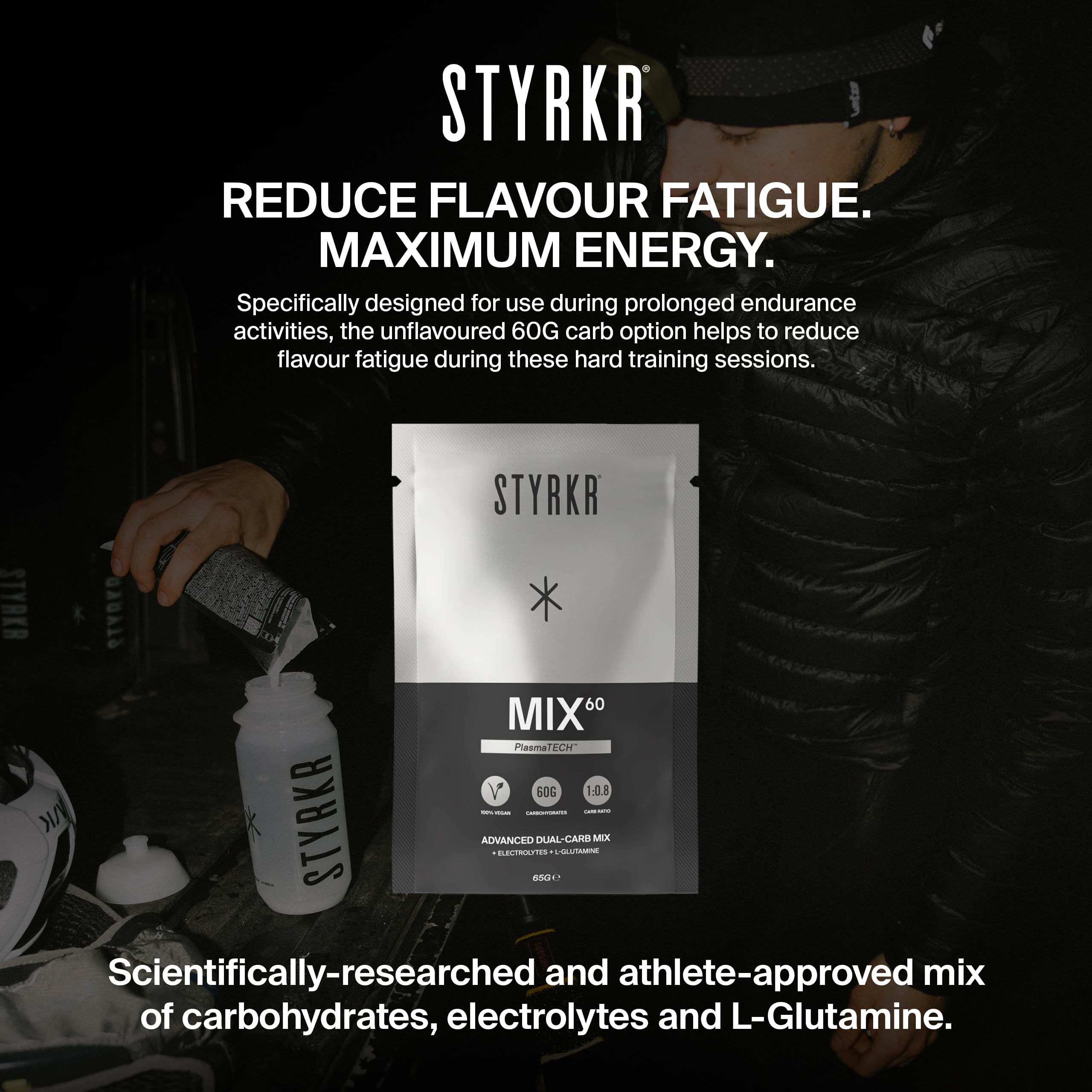 Styrkr MIX60 Energy Powder Sachets - 12x 60g Carb Drink Mix - Cycling Running Endurance Fuel - Damaged Box - BBE 11/2027
