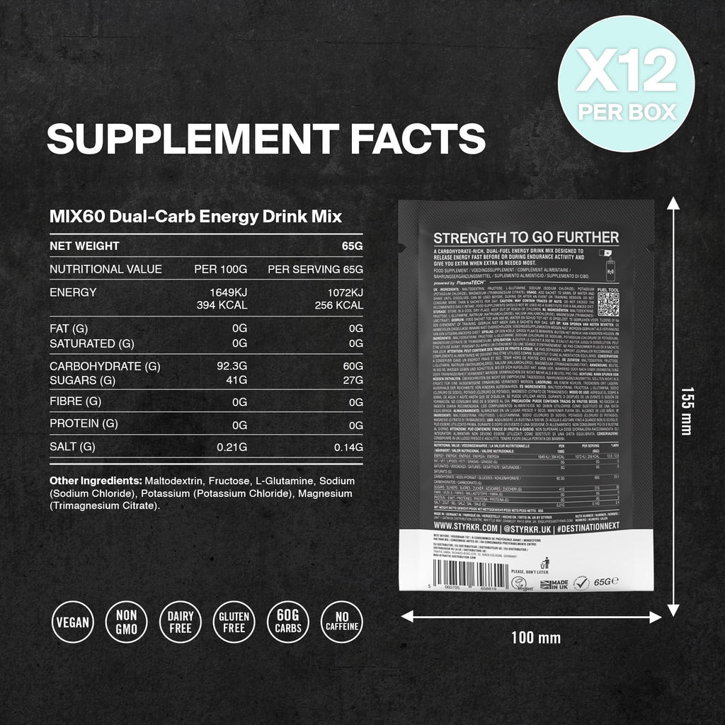 Styrkr MIX60 Energy Powder Sachets - 12x 60g Carb Drink Mix - Cycling Running Endurance Fuel - Damaged Box - BBE 11/2027