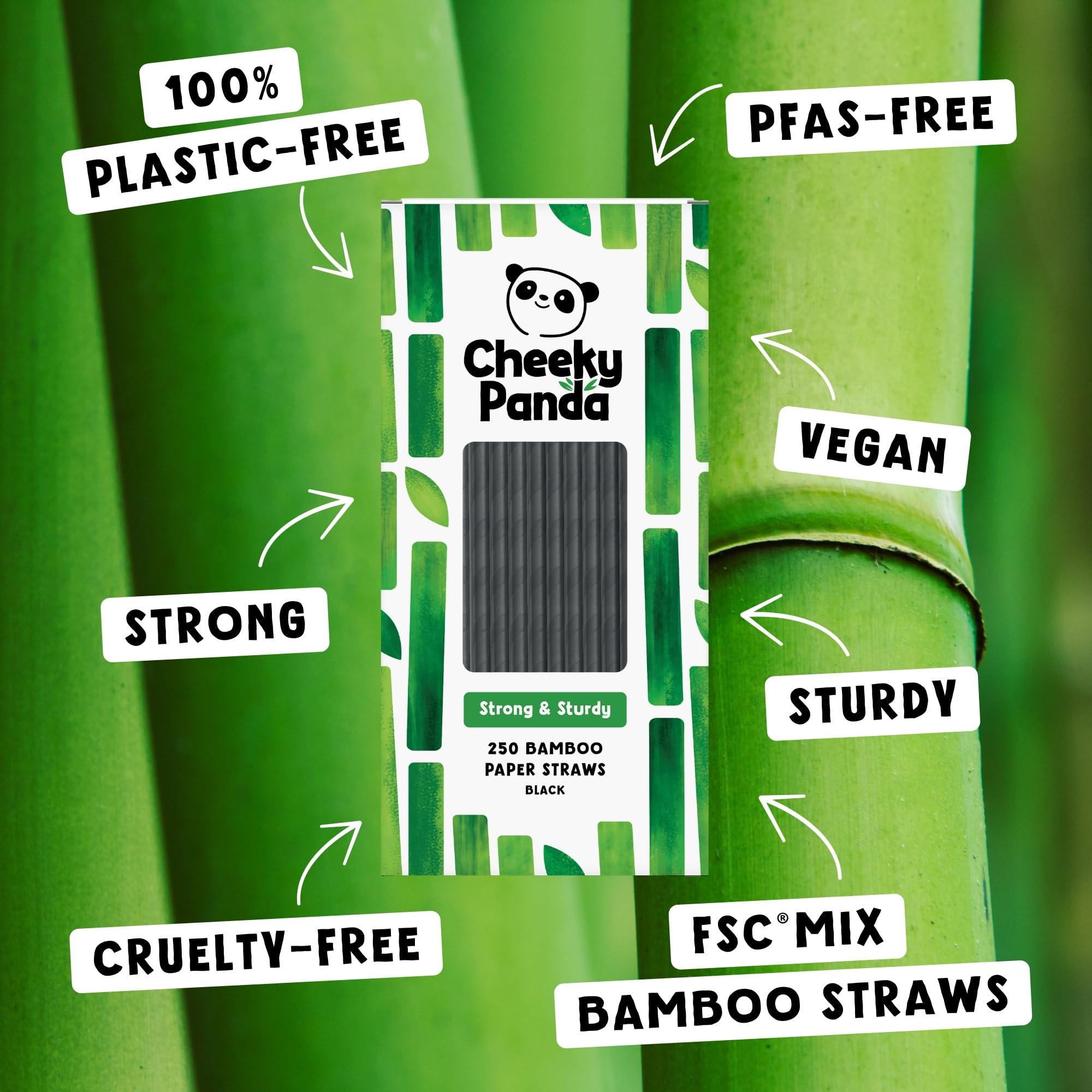 The Cheeky Panda Bamboo Paper Straws - 250 Black Drinking Straws Biodegradable Eco-Friendly - Damaged Box
