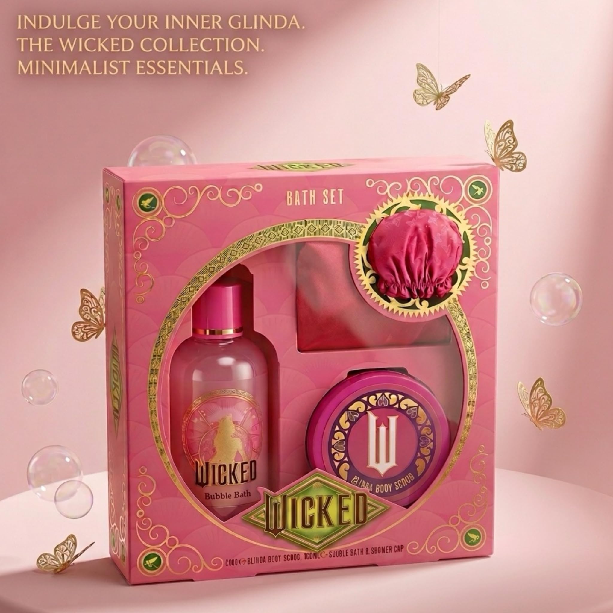 Wicked Glinda Bath Gift Set - Pink Bubble Bath, Body Butter, Shower Cap - Officially Licensed Merchandise - Damaged Box