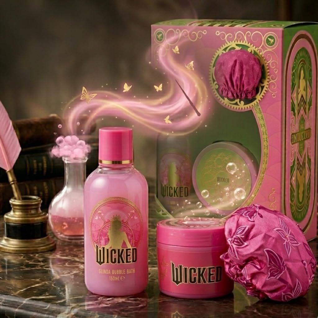 Wicked Glinda Bath Gift Set - Pink Bubble Bath, Body Butter, Shower Cap - Officially Licensed Merchandise - Damaged Box