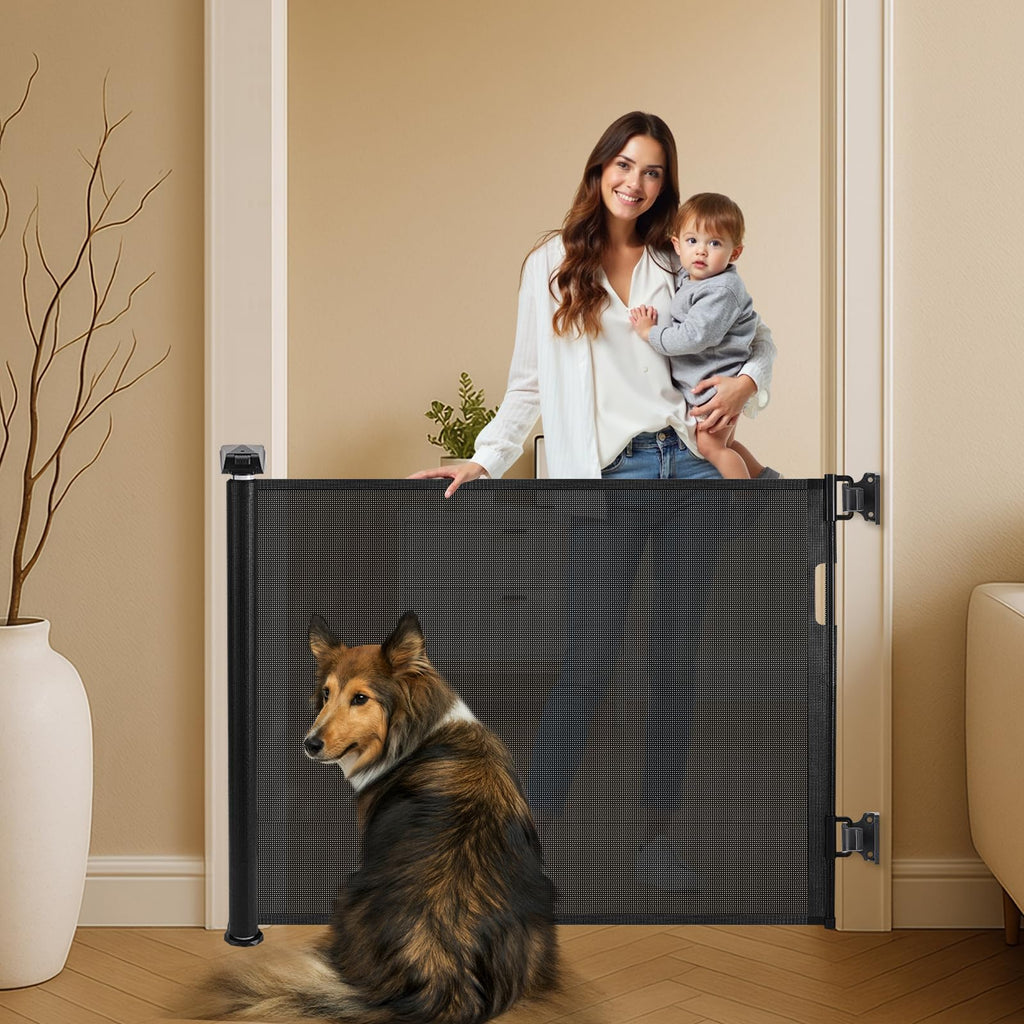 Cuddle Joy Retractable Stair Gate - 150x80cm Extendable Baby Pet Safety Barrier - 2-Step Lock, One-Handed, Black - Very Good