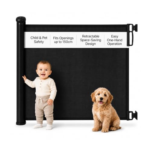 Cuddle Joy Retractable Stair Gate - 150x80cm Extendable Baby Pet Safety Barrier - 2-Step Lock, One-Handed, Black - Very Good