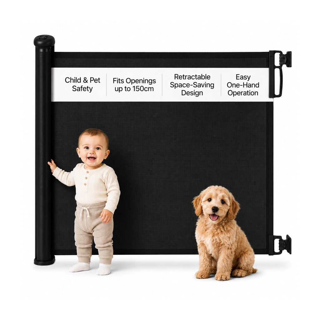 Cuddle Joy Retractable Stair Gate - 150x80cm Extendable Baby Pet Safety Barrier - 2-Step Lock, One-Handed, Black - Very Good