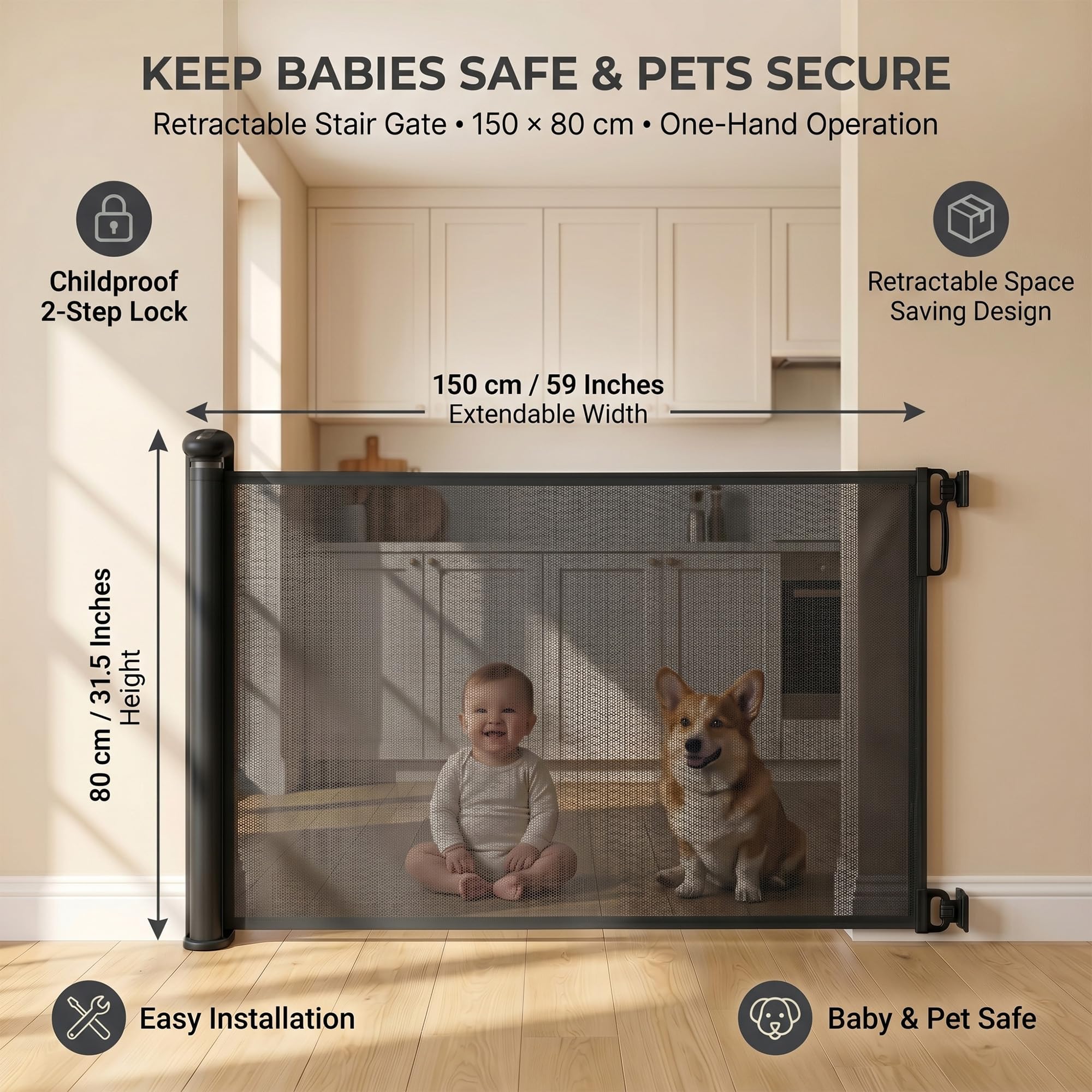 Cuddle Joy Retractable Stair Gate - 150x80cm Extendable Baby Pet Safety Barrier - 2-Step Lock, One-Handed, Black - Very Good