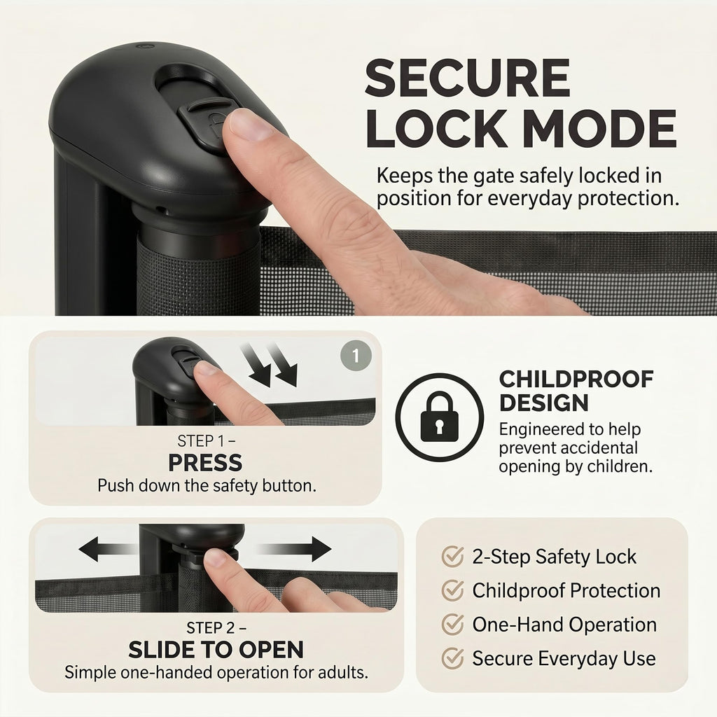 Cuddle Joy Retractable Stair Gate - 150x80cm Extendable Baby Pet Safety Barrier - 2-Step Lock, One-Handed, Black - Very Good
