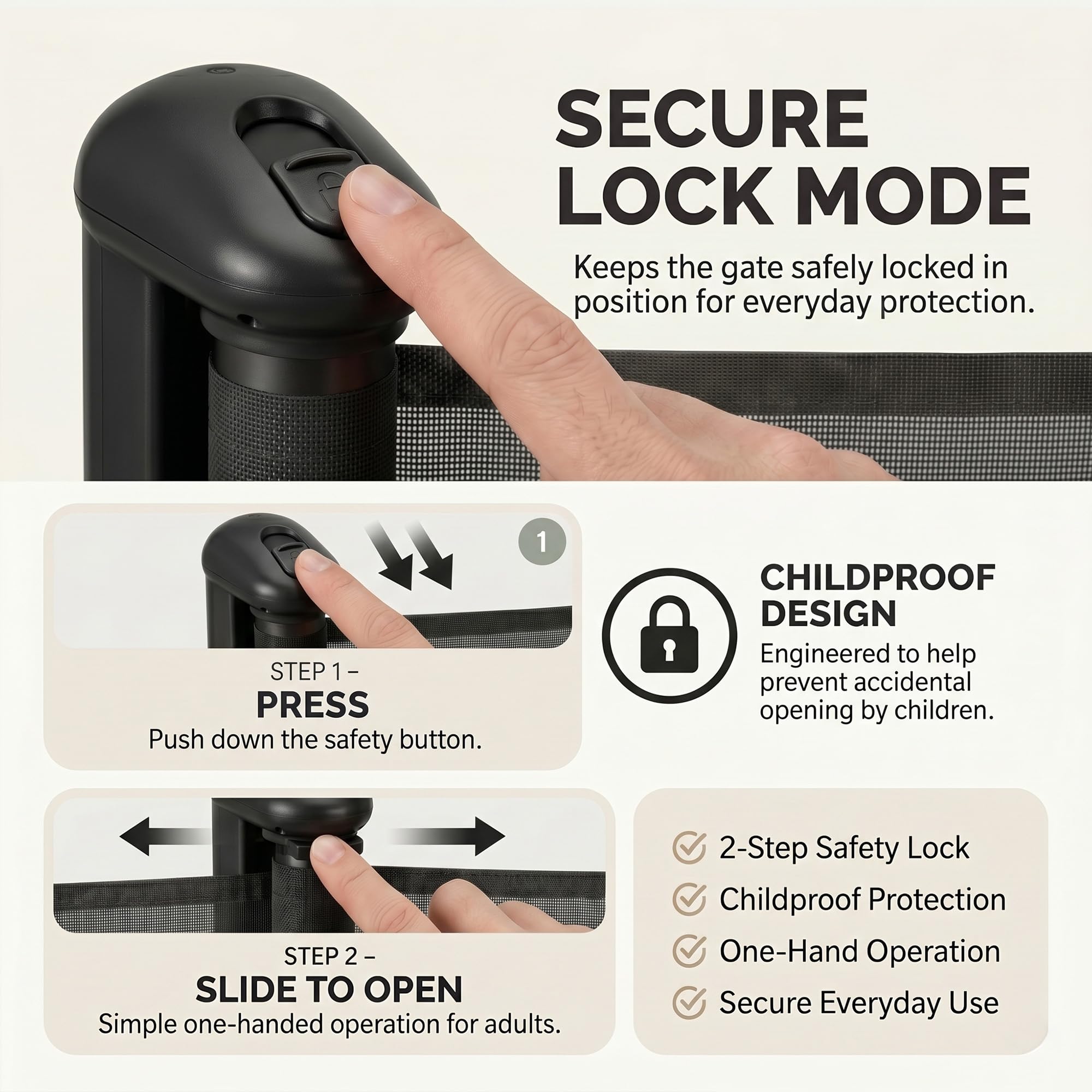 Cuddle Joy Retractable Stair Gate - 150x80cm Extendable Baby Pet Safety Barrier - 2-Step Lock, One-Handed, Black - Very Good