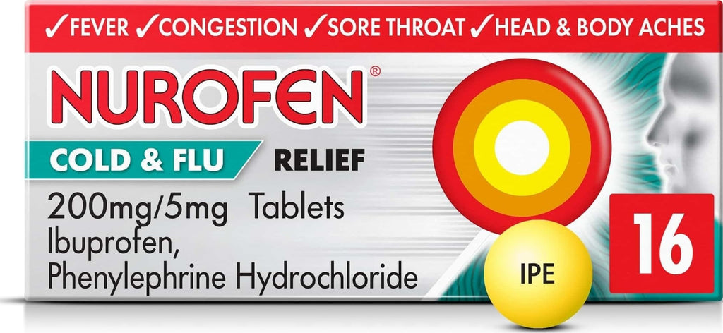 Nurofen Cold & Flu Tablets 200mg/5mg - 16 Pack - Sinus Sore Throat Congestion Nasal Relief Medication - Damaged Box - BBE 07/2027