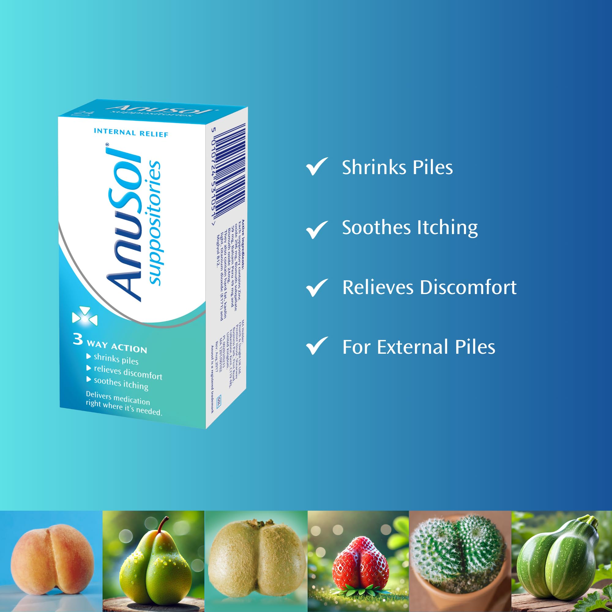 Anusol Suppositories - Haemorrhoid & Piles Relief - Shrinks Piles, Relieves Discomfort, Soothes Itching - 24 Pack - Damaged Box - BBE 03/2028