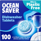 OceanSaver Eco-Friendly Dishwasher Tablets - 100 Pack - Plastic-Free, Non-Toxic, Plant-Based Dishwashing Tabs with Rinse Aid for Tough - Damaged Box