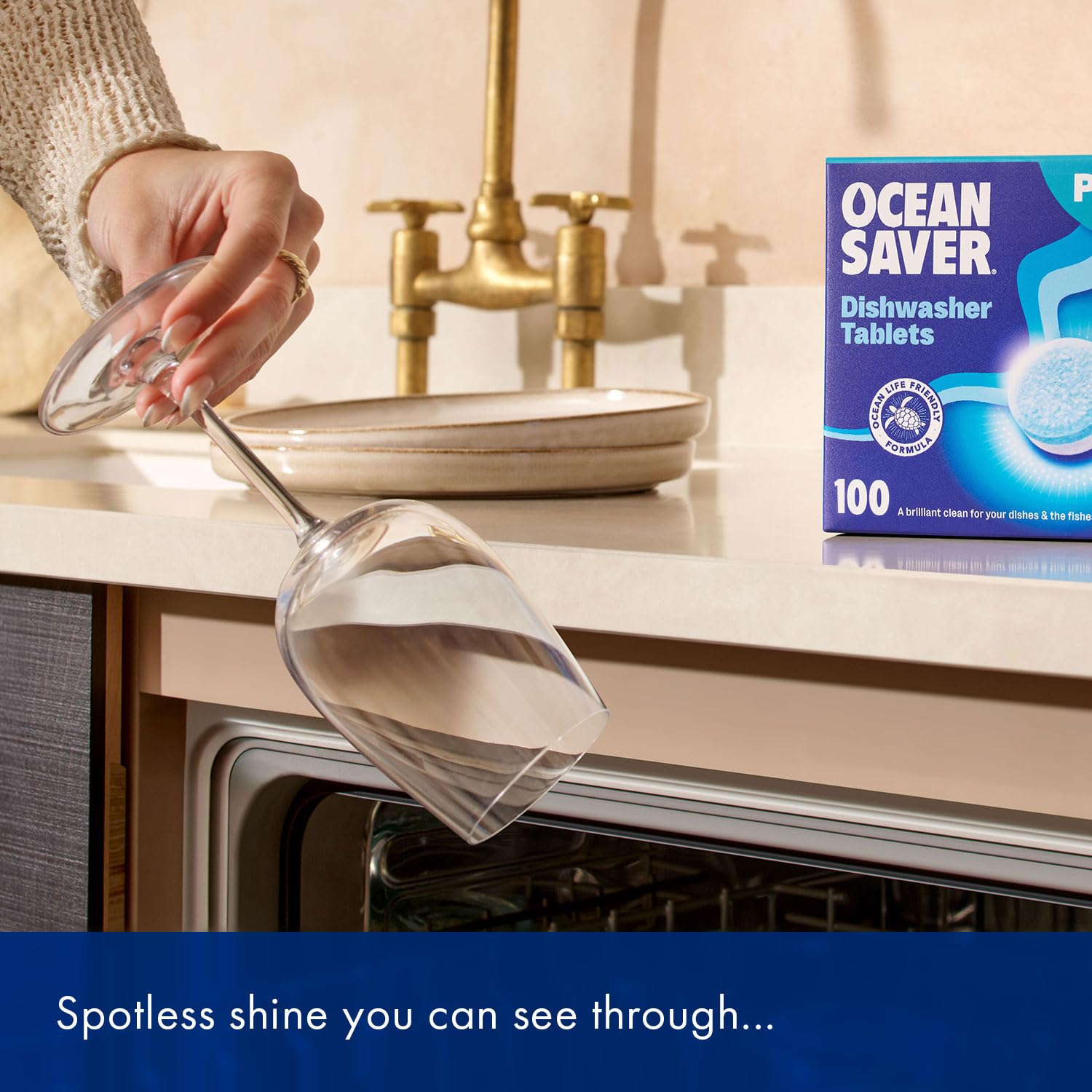 OceanSaver Eco-Friendly Dishwasher Tablets - 100 Pack - Plastic-Free, Non-Toxic, Plant-Based Dishwashing Tabs with Rinse Aid for Tough - Damaged Box