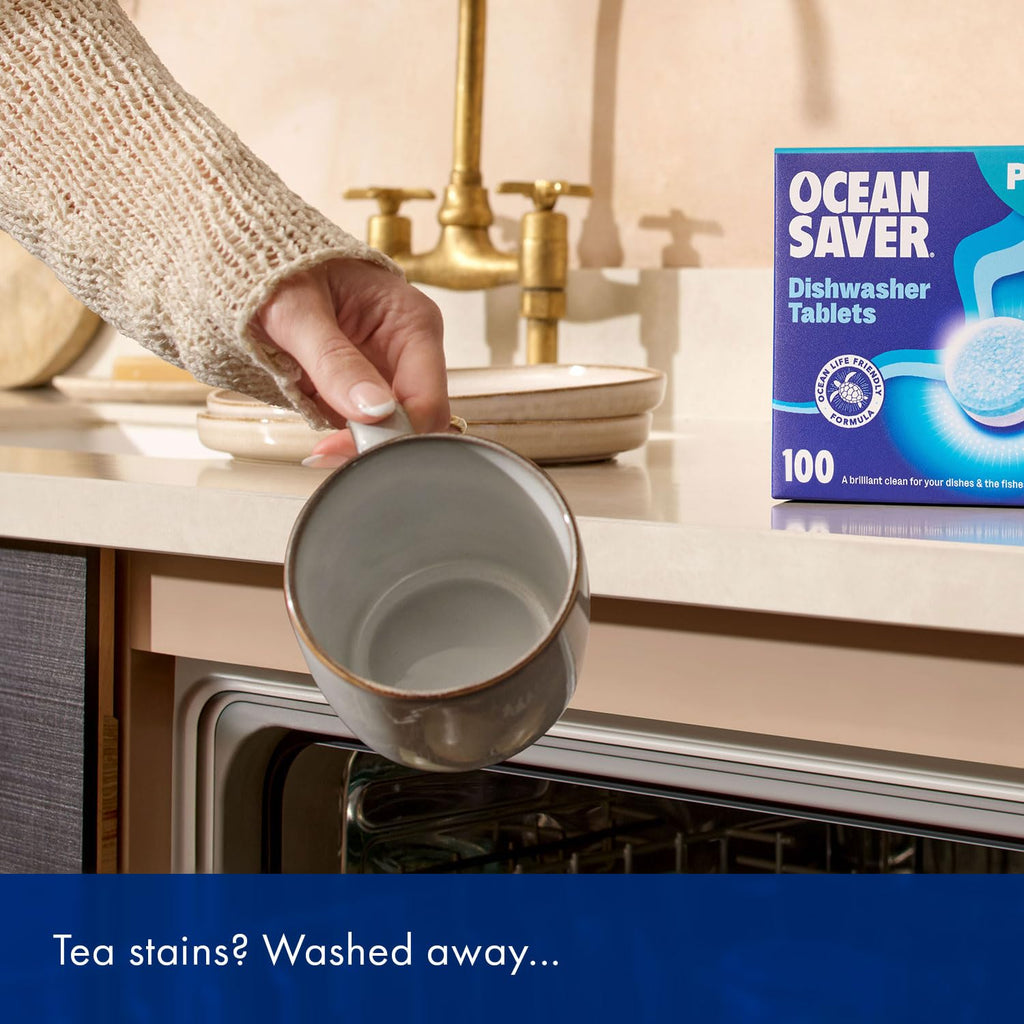 OceanSaver Eco-Friendly Dishwasher Tablets - 100 Pack - Plastic-Free, Non-Toxic, Plant-Based Dishwashing Tabs with Rinse Aid for Tough - Damaged Box