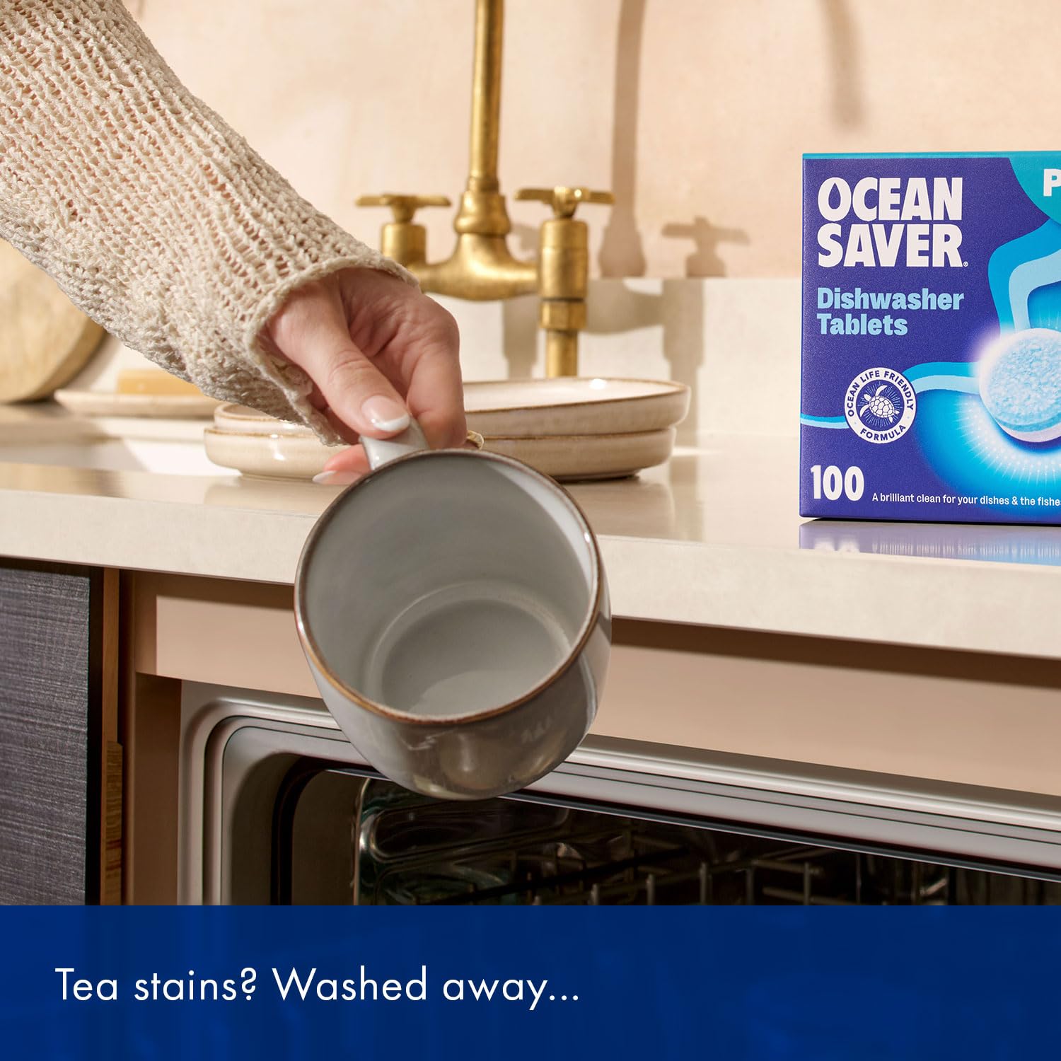 OceanSaver Eco-Friendly Dishwasher Tablets - 100 Pack - Plastic-Free, Non-Toxic, Plant-Based Dishwashing Tabs with Rinse Aid for Tough - Damaged Box