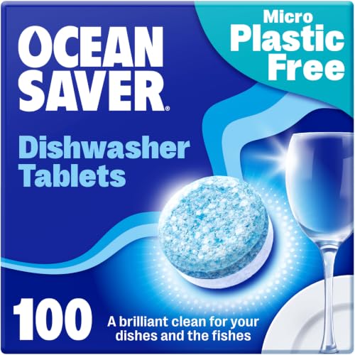 OceanSaver Eco-Friendly Dishwasher Tablets - 100 Pack - Plastic-Free, Non-Toxic, Plant-Based Dishwashing Tabs with Rinse Aid for Tough - Damaged Box
