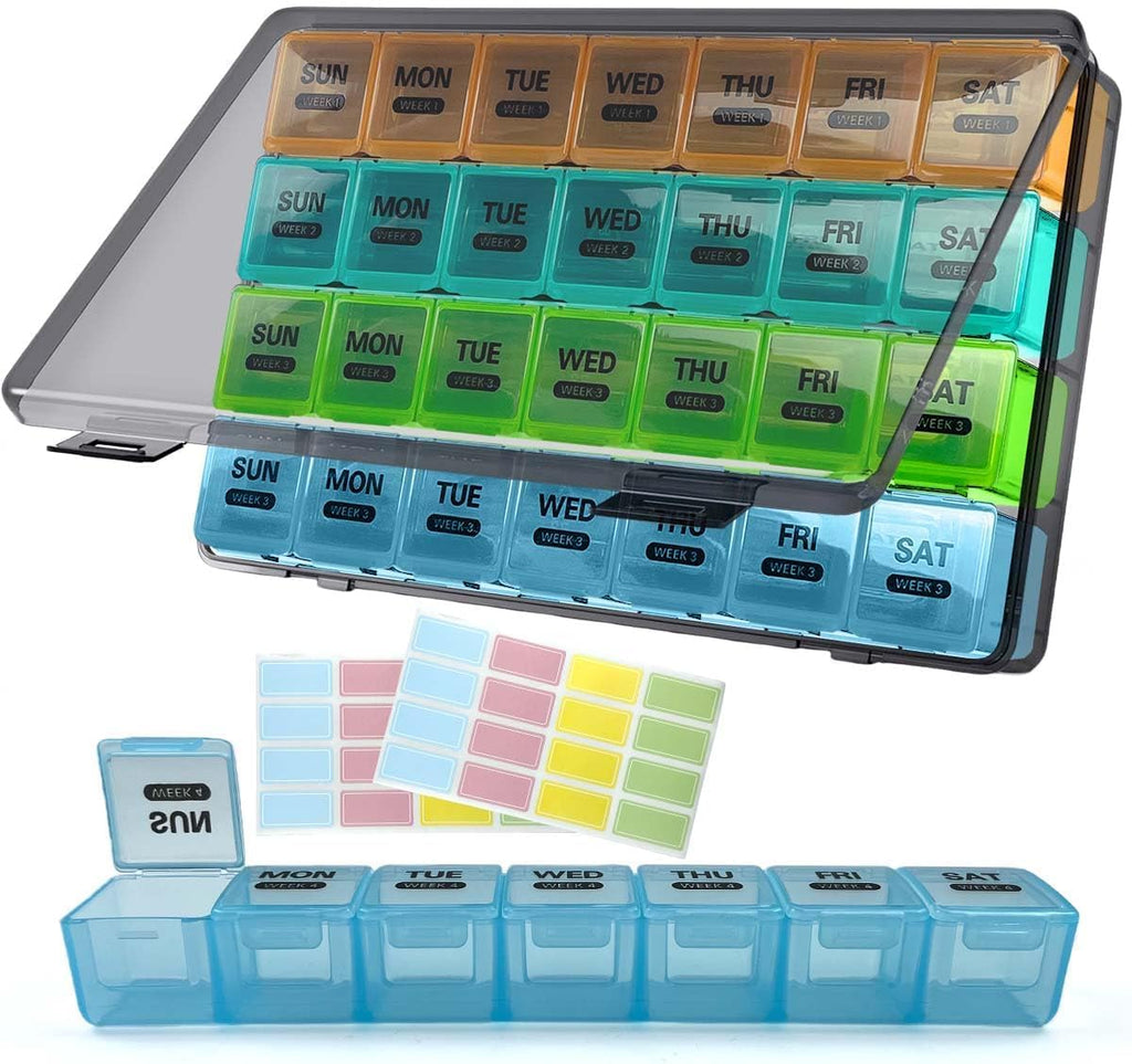 Monthly Pill Box 28 Days Pill Box Organiser by Week,One Month 4 Weeks Pill Cases with Dust-Proof Container to Hold Vitamins,Supplements,Fish Oils for Travel (Multicolour) - Very Good