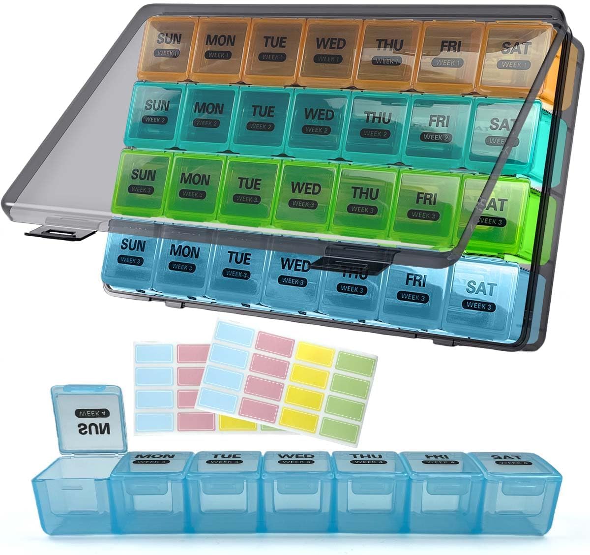 Monthly Pill Box 28 Days Pill Box Organiser by Week,One Month 4 Weeks Pill Cases with Dust-Proof Container to Hold Vitamins,Supplements,Fish Oils for Travel (Multicolour) - Very Good