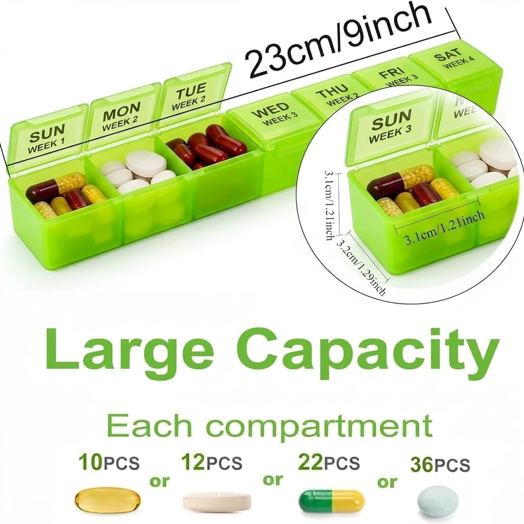 Monthly Pill Box 28 Days Pill Box Organiser by Week,One Month 4 Weeks Pill Cases with Dust-Proof Container to Hold Vitamins,Supplements,Fish Oils for Travel (Multicolour) - Very Good