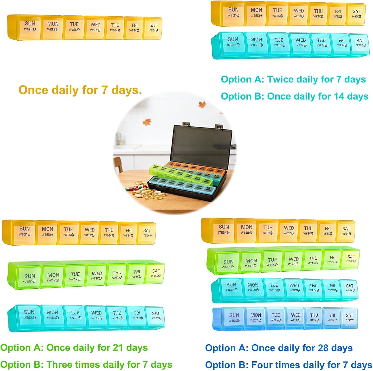 Monthly Pill Box 28 Days Pill Box Organiser by Week,One Month 4 Weeks Pill Cases with Dust-Proof Container to Hold Vitamins,Supplements,Fish Oils for Travel (Multicolour) - Very Good