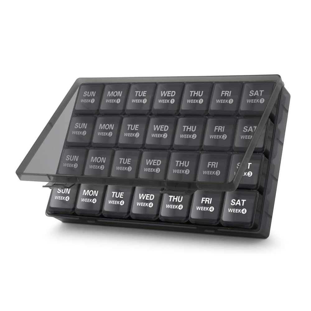 Monthly Pill Box 28 Days Pill Box Organiser by Week,One Month 4 Weeks Pill Cases with Dust-Proof Container to Hold Vitamins,Supplements,Fish Oils for Travel (Multicolour) - Very Good