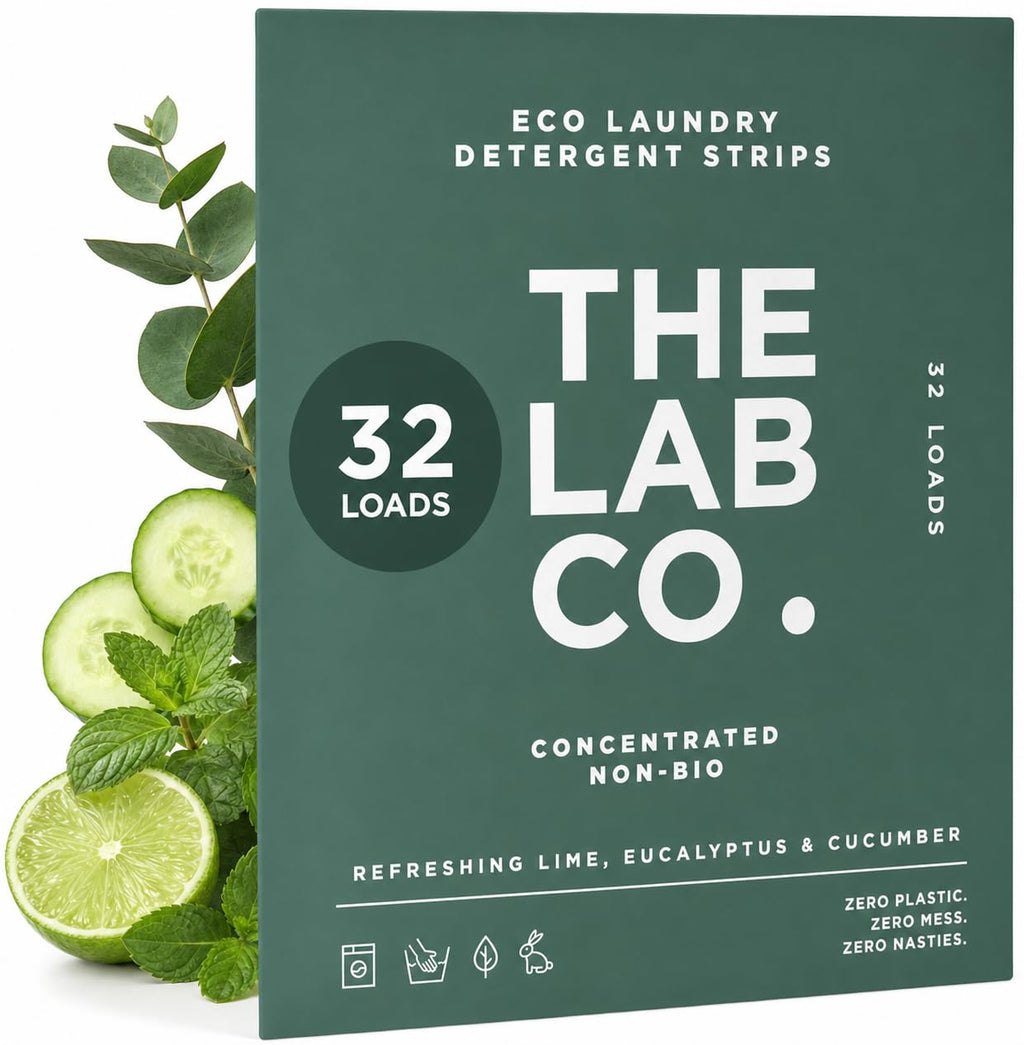 The Lab Co. Laundry Detergent Strips - Eco Ultra-Concentrated Washing Sheets - Non-Bio Sensitive Skin - Lime Eucalyptus Cucumber - 32 Loads - Damaged Box
