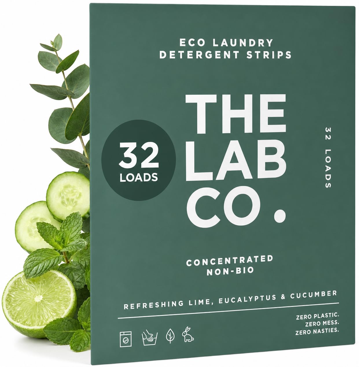The Lab Co. Laundry Detergent Strips - Eco Ultra-Concentrated Washing Sheets - Non-Bio Sensitive Skin - Lime Eucalyptus Cucumber - 32 Loads - Damaged Box