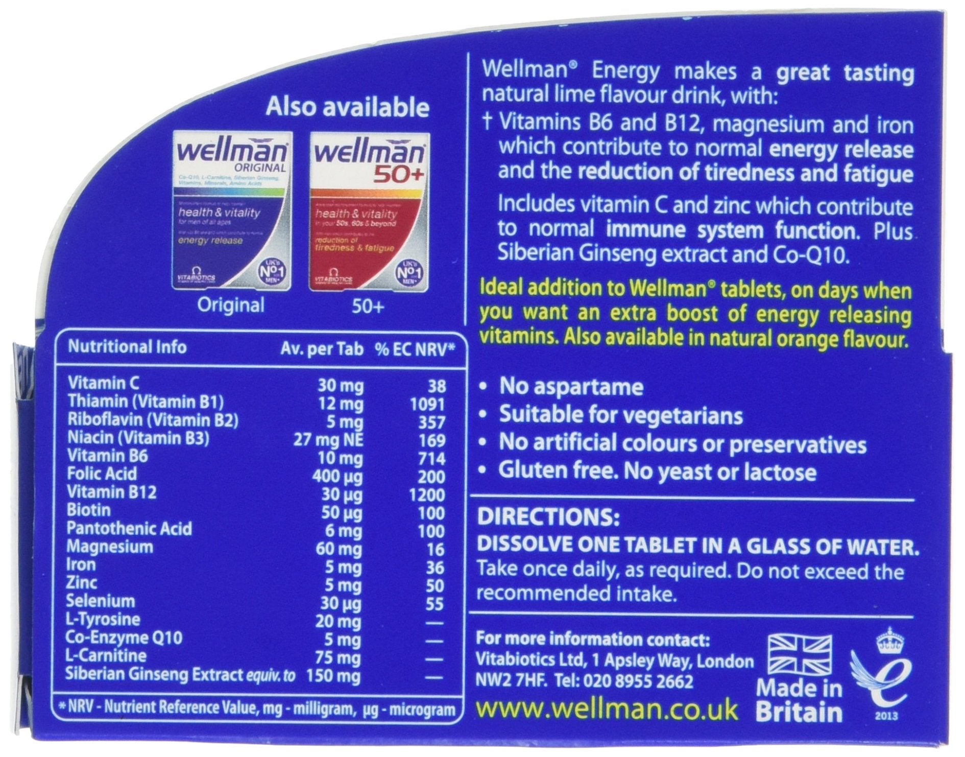 Wellman Energy Lime Effervescent Tablets - 10 Count - Vitamin & Mineral Supplement - New - BBE 06/2027