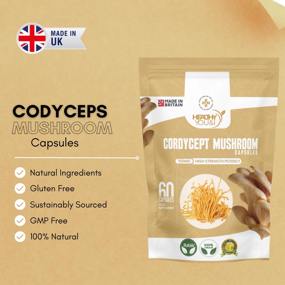 Cordyceps Mushroom Capsules - Performance Energy & Immune Support Supplement - Vegan, Non-GMO, 60 Capsules - New