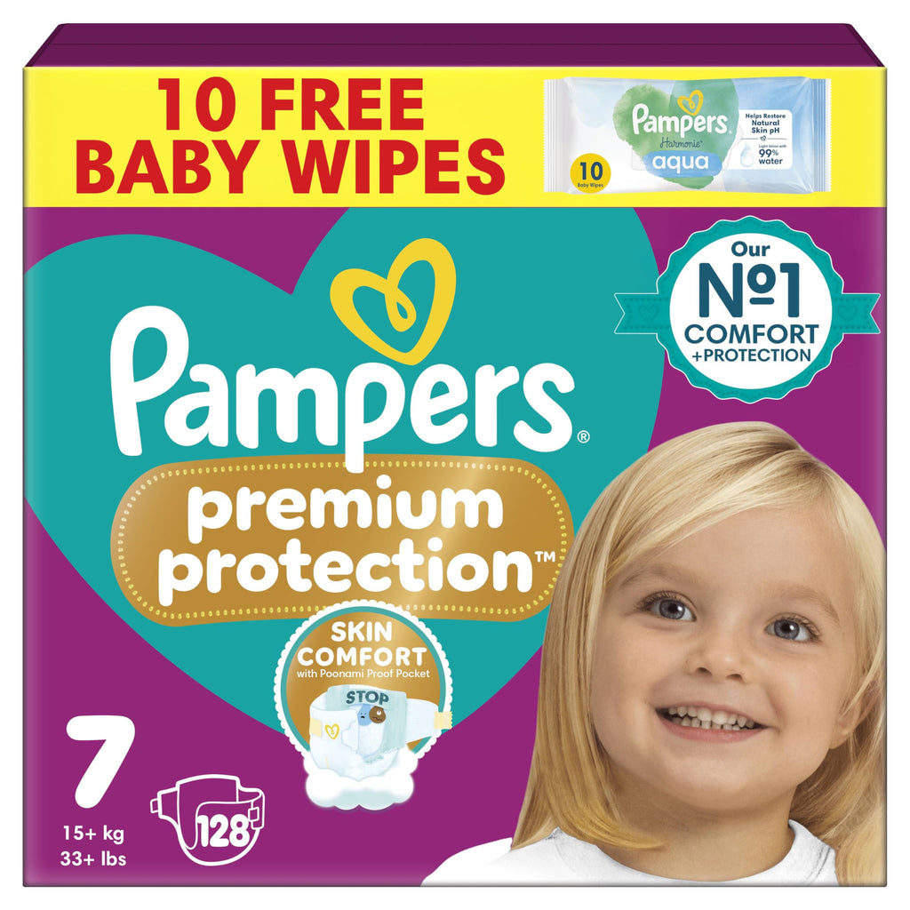Pampers Premium Protection Nappies Size 7 - 128 Pack - 15kg+ Monthly - Harmonie Aqua Baby Wipes 10 Count - Damaged Box