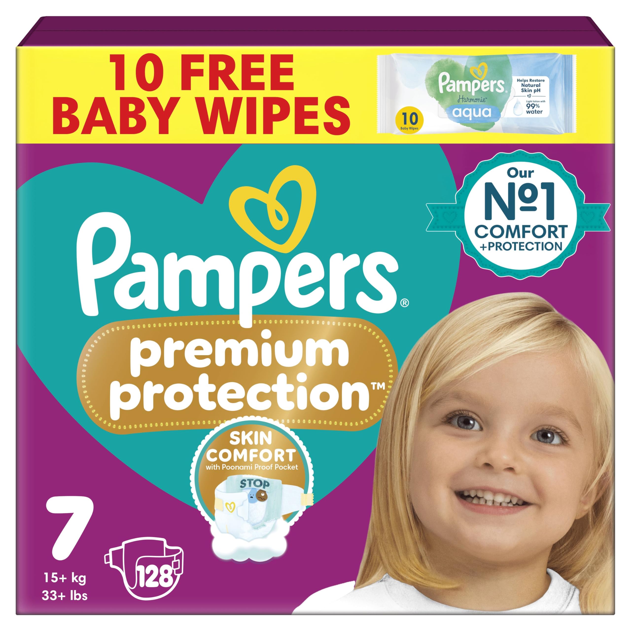 Pampers Premium Protection Nappies Size 7 - 128 Pack - 15kg+ Monthly - Harmonie Aqua Baby Wipes 10 Count - Damaged Box