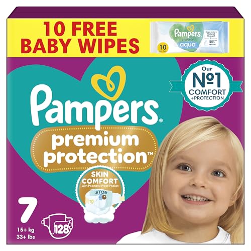 Pampers Premium Protection Nappies Size 7 - 128 Pack - 15kg+ Monthly - Harmonie Aqua Baby Wipes 10 Count - Damaged Box