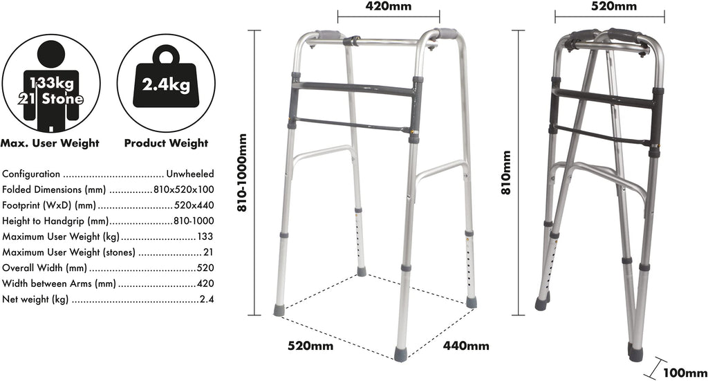 Aidapt Folding Aluminium Walking Frame - Adjustable Height, Lightweight, Fast Fold, Anti-Slip Ferrule Feet Mobility Aid - Very Good