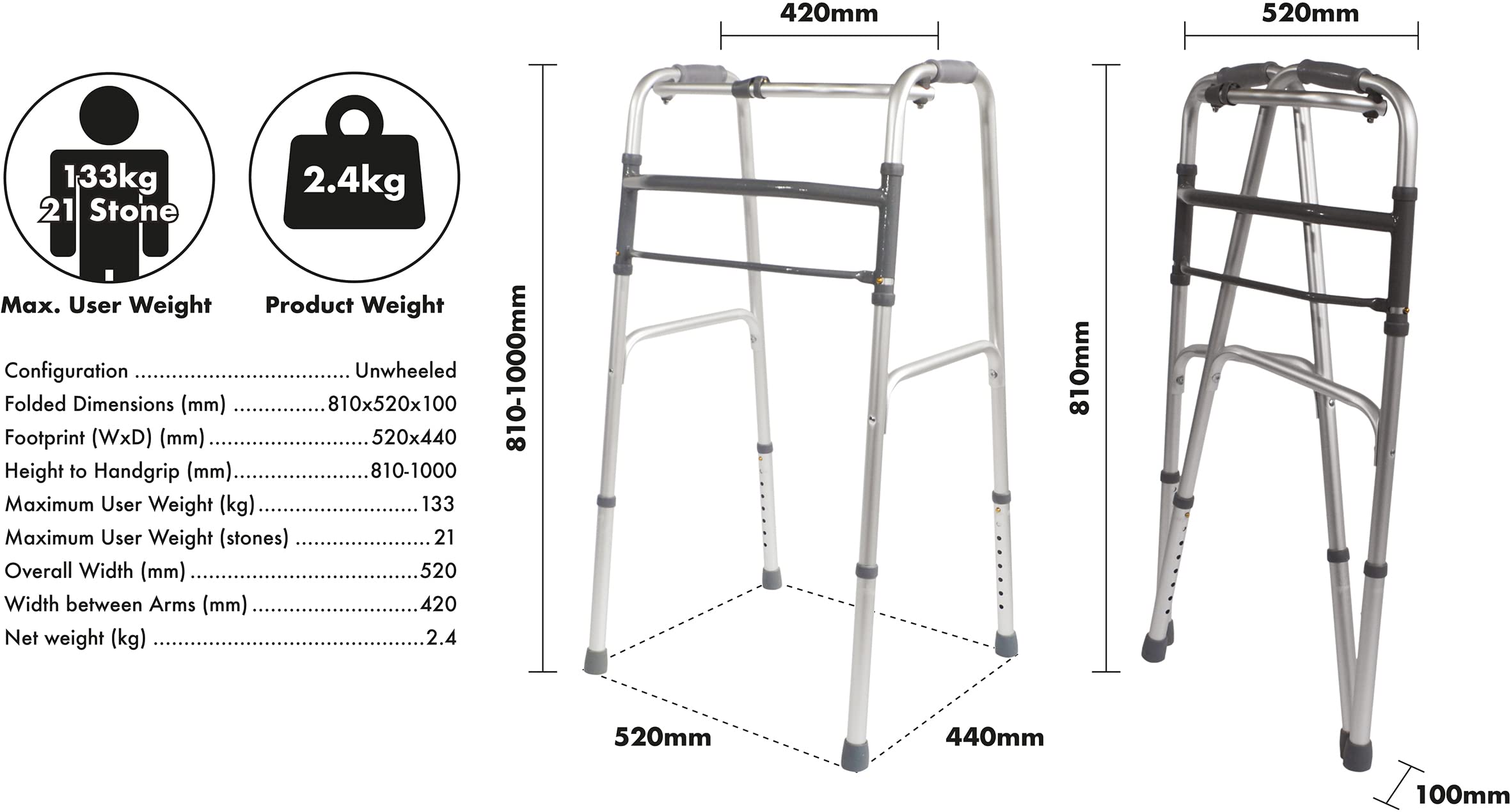 Aidapt Folding Aluminium Walking Frame - Adjustable Height, Lightweight, Fast Fold, Anti-Slip Ferrule Feet Mobility Aid - Very Good