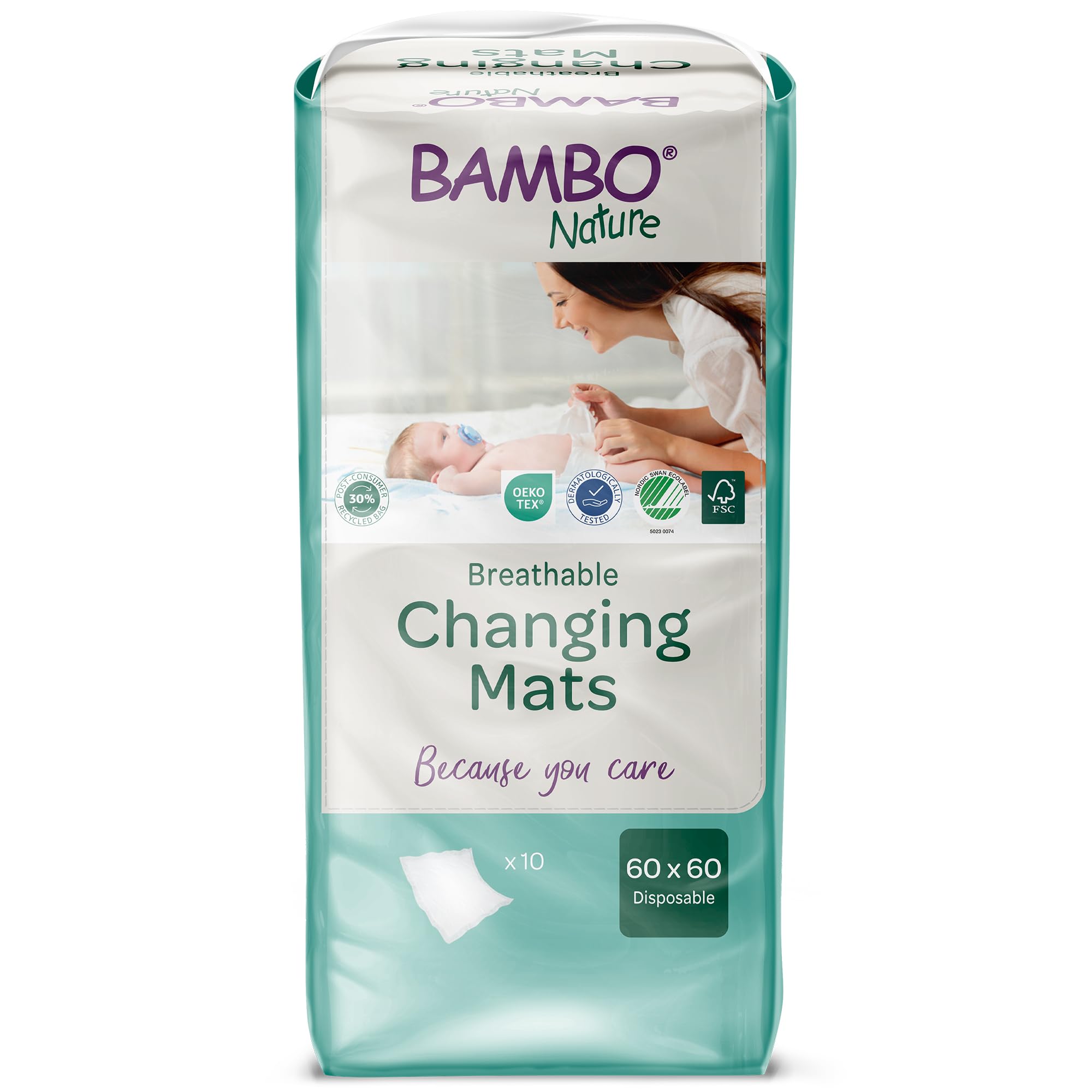 Bambo Nature Disposable Changing Mats - 60x60 cm - 10 Pack - 1000ml Absorbency - Baby Nappy Pad - Damaged Box