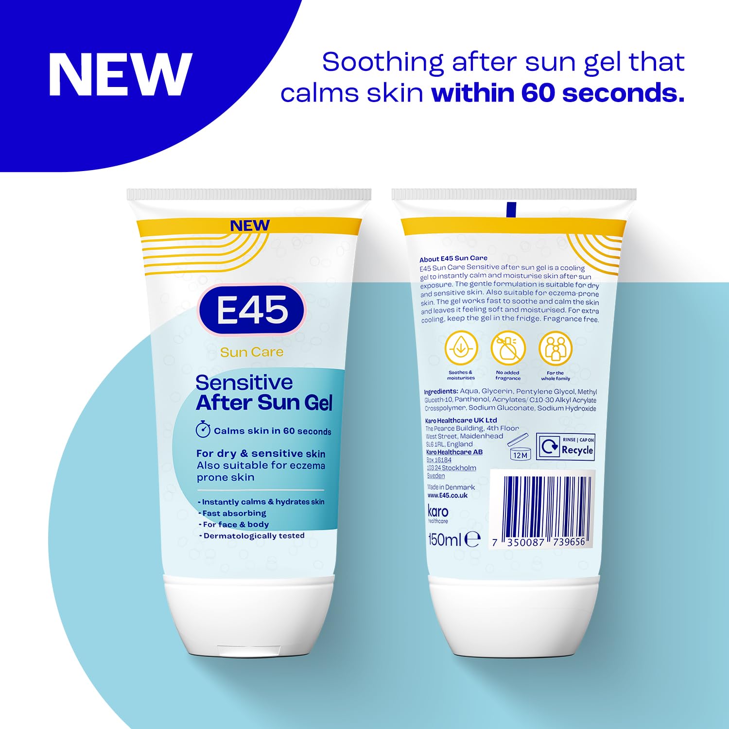 E45 Cooling Sensitive After Sun Gel - Face & Body - Dermatologically Tested, Fragrance-Free, 150ml - Dry, Sensitive Skin - New