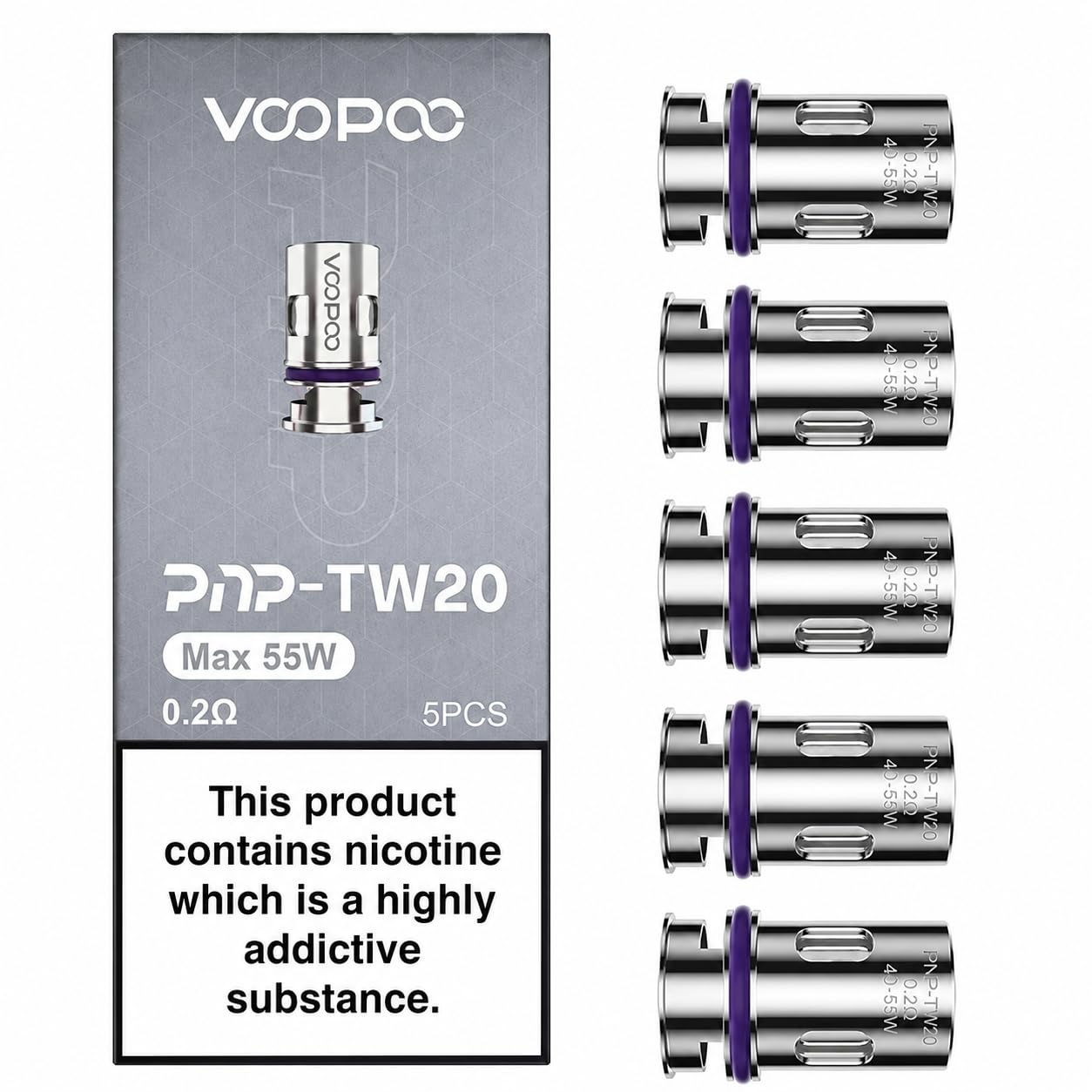 VOOPOO PnP TW20 Mesh Coils 0.2 Ohm Dual-In-One Vape Atomizer Heads - 5 Pack Replacement Coils - Damaged Box