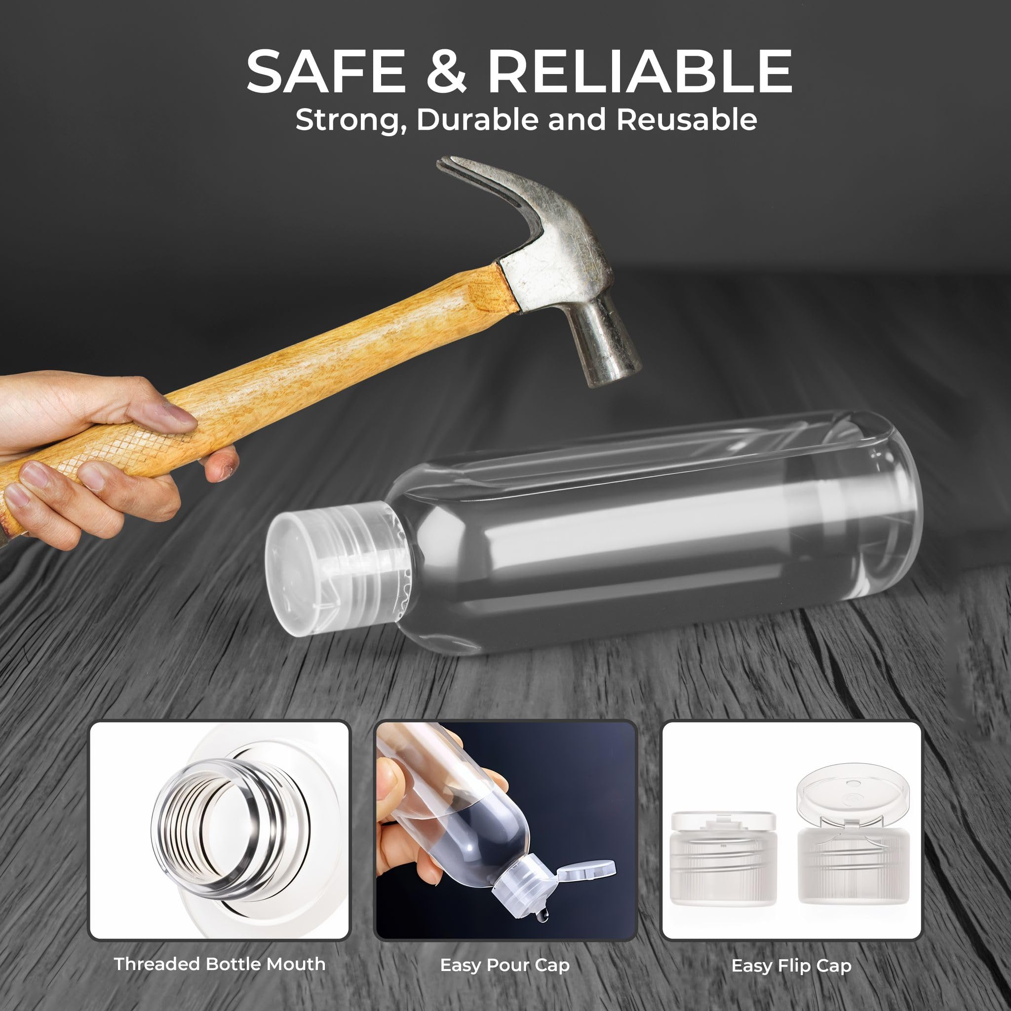 Palm Safe 4x 100ml Clear Plastic Travel Bottles - Empty Refillable Containers with Flip Cap - Leak Proof BPA Free Toiletries Storage - New